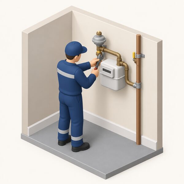 A domestic gas meter mounted on an inside wall of a house, shown as the supplier's asset awaiting removal, with a simplified figure of a supplier operative working at the meter with tools before any network disconnection of the supply pipework.