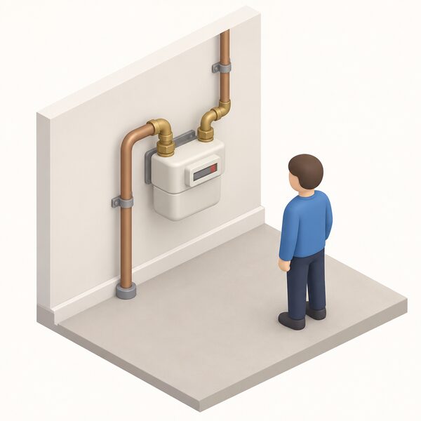 A domestic gas meter still fitted on its inlet and outlet pipework against an inside wall, with the supply pipe entering the property and a small isometric figure standing nearby, showing the meter remaining in place on a live supply rather than being removed.