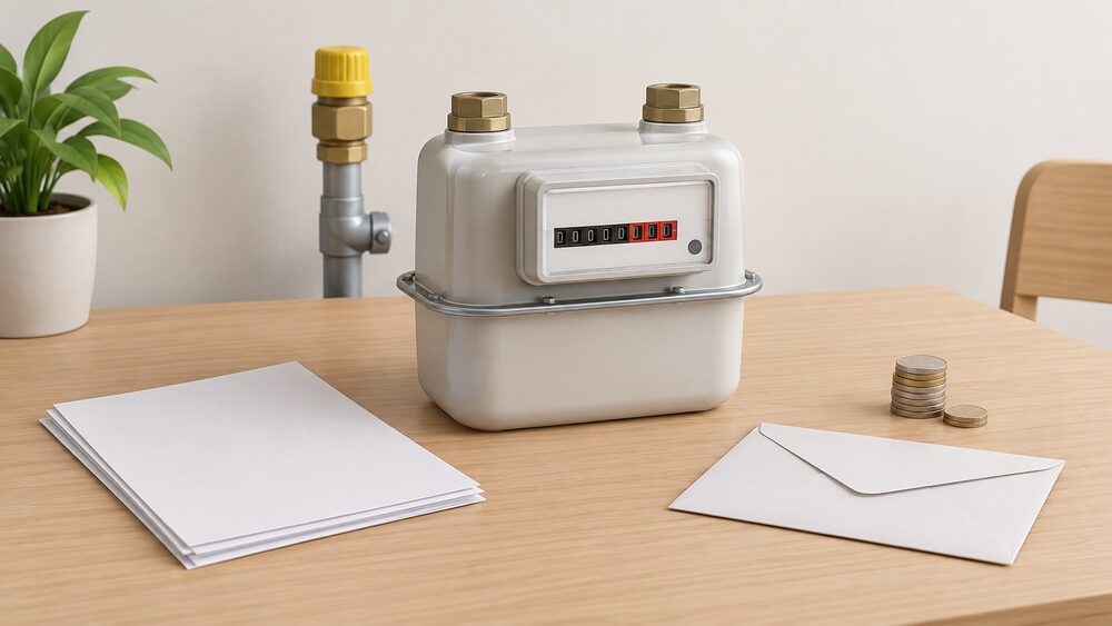 A domestic gas meter sitting on a table beside blank paperwork, a sealed envelope and a small stack of coins, with a capped gas pipe stub visible behind the meter, arranged as the moment a household arranges the meter's removal.