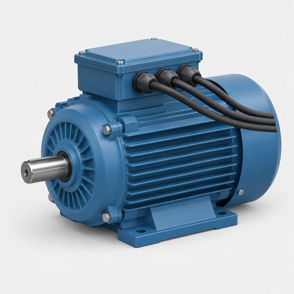 A simple product shot of a three-phase electric motor of the kind used to drive water pumps, shown as a clean industrial product on a plain background with its terminal box and three incoming cable connections visible.