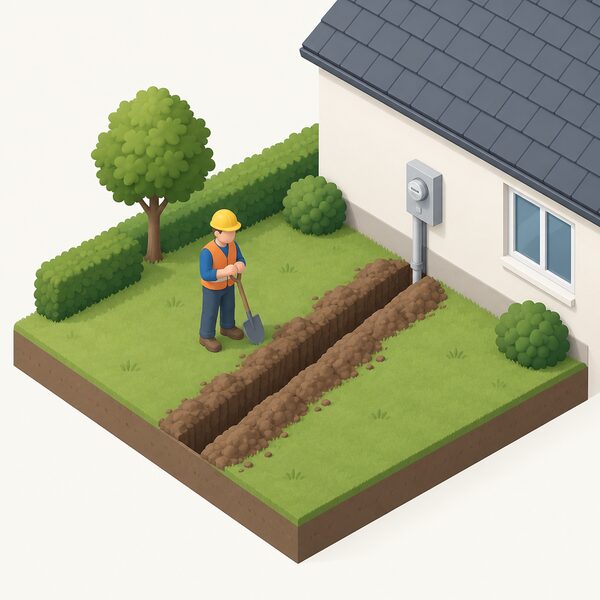 A neat open trench dug across a household's garden running toward the house wall where a meter box is mounted, with a small worker figure standing beside the trench holding a shovel, the cable route ready for the new electricity cable to be laid.