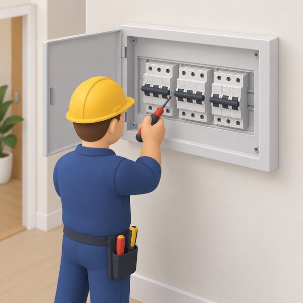 An electrician fitting a three-phase consumer unit inside a house, its door open to show a row of three-pole circuit breakers with their toggles linked by a common bar so they switch together.