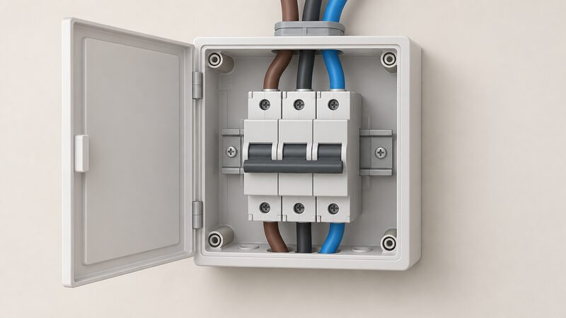 A close-up of an open domestic consumer unit showing three adjacent miniature circuit breakers joined by a single common toggle bar spanning all three, with thick supply cables entering from above, drawn as a simple cutaway against a plain wall.