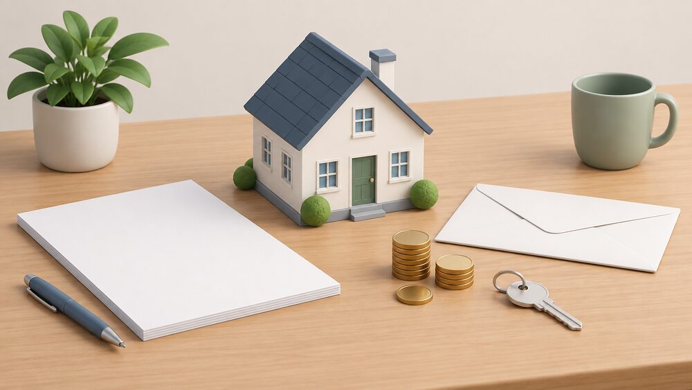 A small model house sits on a table beside blank application paperwork, a sealed envelope, a small stack of coins and a house key, representing a household applying to its network operator for a supply upgrade.