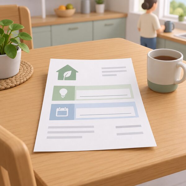 A paper domestic energy bill lying on a kitchen table beside a mug, its layout showing a unit rate line and a daily standing charge line as blank ruled fields with plain colour bands, and no separate network charge labels anywhere on the page.