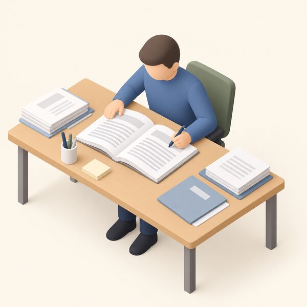 A thick printed code document lies open on an office desk, its pages showing the charging methodology as plain text blocks, while a simplified figure seated at the desk reads it with a pen in hand and further consultation papers stacked alongside.