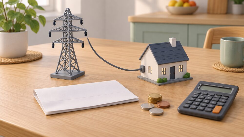 A small model of a pylon with a cable leading to a model house sits on a kitchen table beside a folded blank electricity bill, a few coins and a calculator, showing network costs hidden inside a household energy bill.