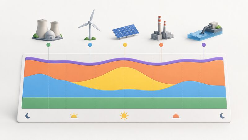 A printed chart sheet on a plain surface showing a stacked area diagram across a full day, with a flat nuclear band at the base, a wide varying wind band, a solar band that swells at midday and fades at the edges, a gas band that widens where the others shrink, and a thin interconnector band, all as plain colour blocks with no words or numbers.
