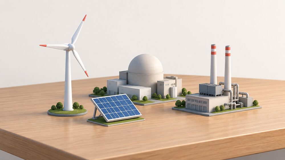 On a table, a small model wind turbine, a small solar panel tilted towards the light, a model nuclear power station with its domed reactor building, and a model gas power station with two slim chimneys stand together as a miniature generation landscape.