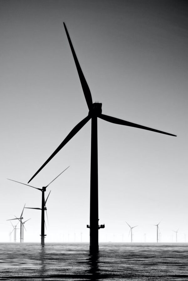 A black and white photo of offshore wind turbines standing in the sea