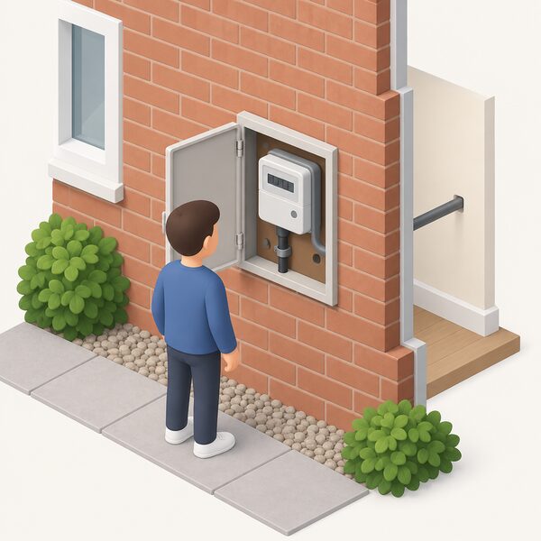 A small isometric figure stands at a recessed electricity meter box set in the outside brick wall of a house, the meter inside recording the household's consumption with a cable running from the box into the house wall.