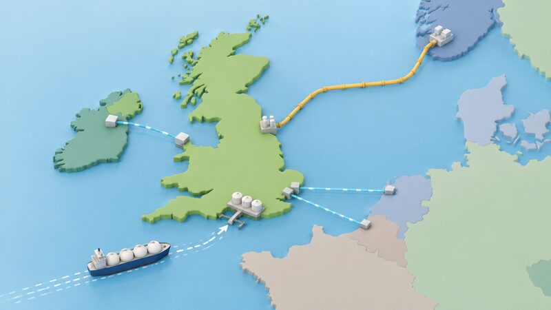 A simplified map of the British Isles with plain colour land shapes, showing a pipeline line from Norway across the North Sea, a ship route from the Gulf to a south coast LNG terminal marked with a ship symbol, and interconnector lines to continental Europe and Ireland.