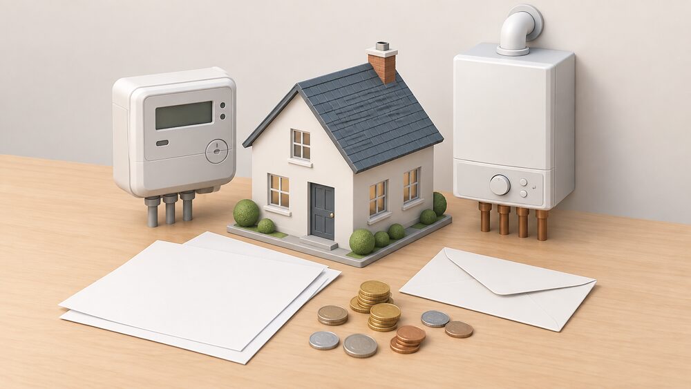 A small model house sits on a table beside a domestic electricity meter and a compact wall boiler model, with blank bills, an envelope and a scatter of coins arranged in front, showing national energy supply arriving at a household as costs.