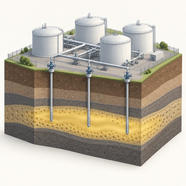 A large above-ground industrial gas storage site with cylindrical tanks and pipework beside a cutaway patch of ground showing gas held in a porous rock layer below, conveying the stock in the ground that forms Britain's small reserve.