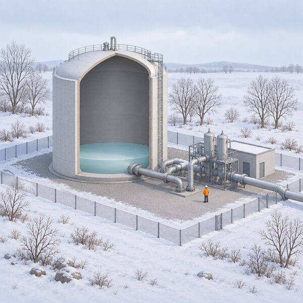 A gas storage site at the end of winter, with a large cylindrical storage tank shown mostly empty through a cutaway, a small injection/withdrawal plant beside it, and bare wintry trees and a cold pale sky around the site.