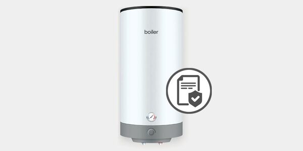 A white cylindrical hot water cylinder labelled 'boiler' with a document-and-shield icon beside it