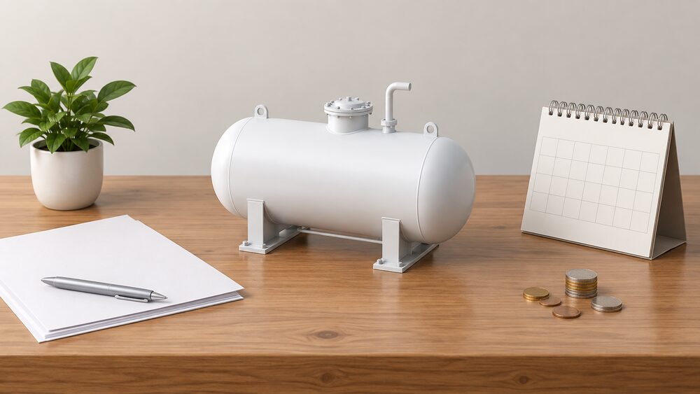 A small model of a white cylindrical above-ground gas storage tank standing on a wooden table beside blank paperwork, a plain calendar and a few coins, suggesting the national gas storage figures a household is reading about.