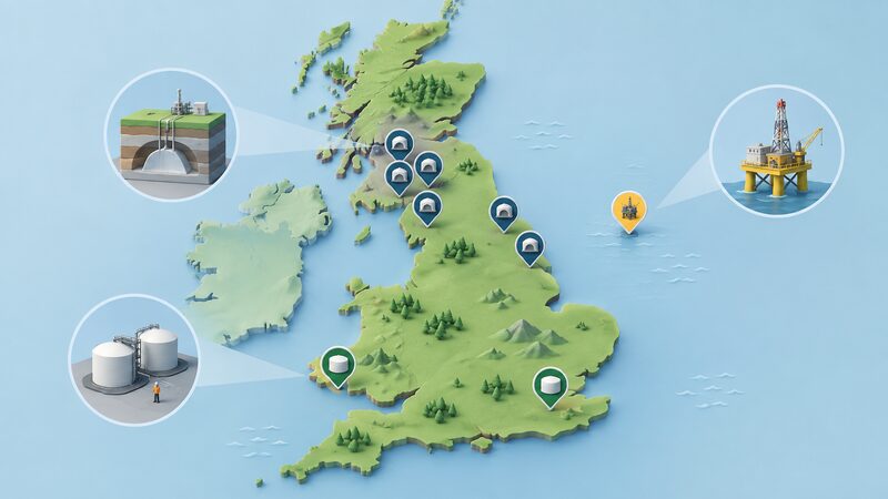 A simplified map of Great Britain with eight plain site markers showing the storage fleet: a depleted field symbol in the southern North Sea, clustered salt cavern symbols in the north-west and east, and an LNG tank symbol, each drawn as simple icons with no names or figures.
