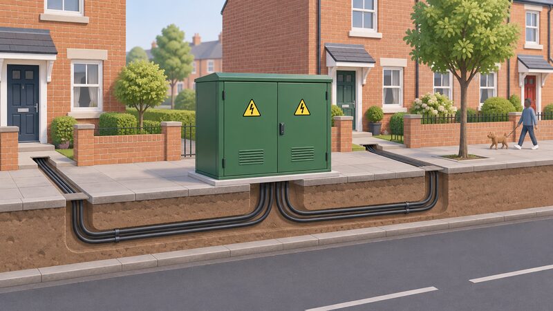 A green electricity substation cabinet standing on a residential pavement beside a footway and brick terrace houses, with warning signs on its doors and underground cables leaving it to feed the street's homes.