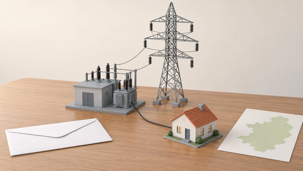 A small grey distribution substation model and a tall lattice transmission pylon model stand side by side on a table, with a simple model house in front of them and a thin wire running from the substation to the house, beside a blank envelope and a blank map-shaped sheet of paper.