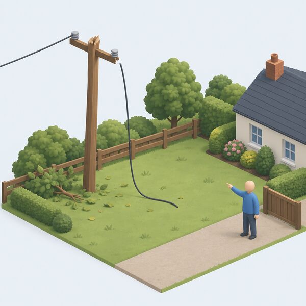 A storm-damaged wooden pole with a snapped overhead electricity line hanging low across a rural garden, a simplified isometric householder standing well back on the path pointing at the hazard while keeping a clear distance, with no one touching or approaching the fallen cable.