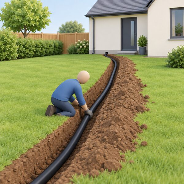 A shallow dug trench crossing a grassy domestic garden on the customer's land, with lengths of plain black electricity ducting lying inside it, one small simplified figure kneeling to position a duct length, and the trench running toward the house in the background.