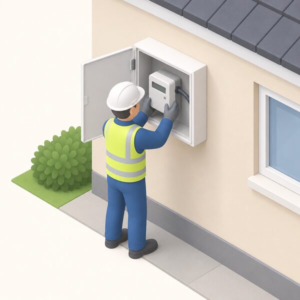 A small isometric figure of an installer fitting an electricity meter into a flush-mounted meter box on the outside wall of a house, with the box door open and the meter connected to a cable entering the box from the wall.