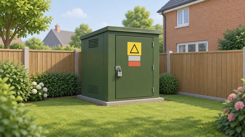 A small padlocked green electricity substation enclosure standing in the corner of a residential garden, with warning signage on its door, surrounded by lawn, a garden fence and part of a house behind it.