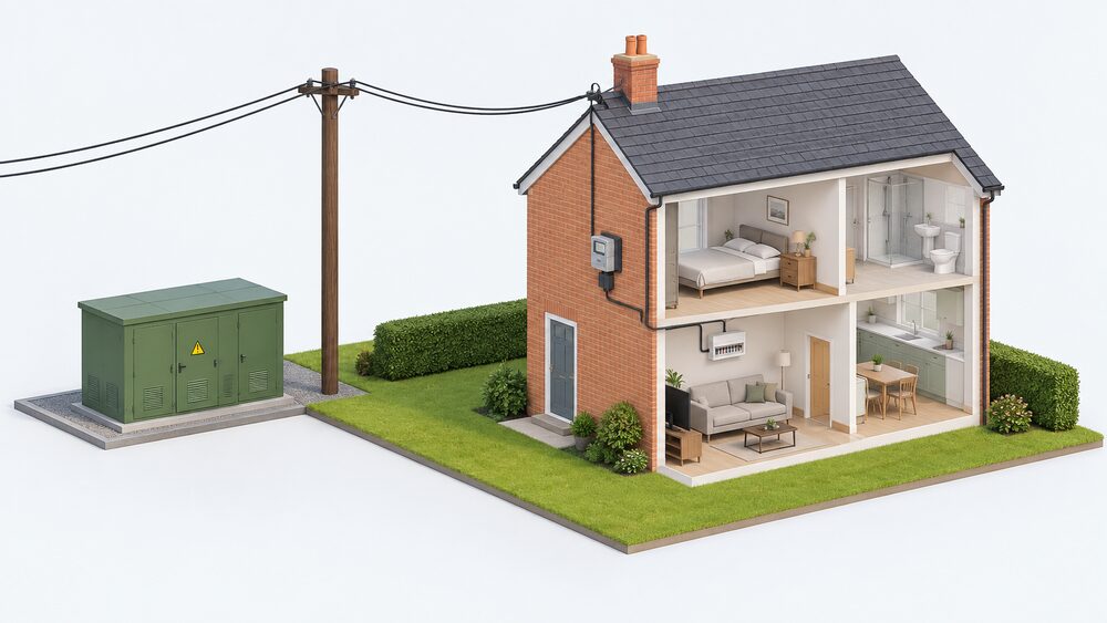 A cutaway view of a house connected by an overhead electricity cable to a wooden pole, with a small distribution substation building on the street outside, showing the wires that bring supply from the local network into the home's fuse and consumer unit.