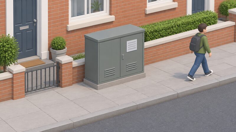 A grey metal ground-mounted distribution substation cabinet standing on a residential pavement beside a brick terrace house wall, with a plain notice plate fixed to its front door and a small isometric passer-by walking past on the footway.