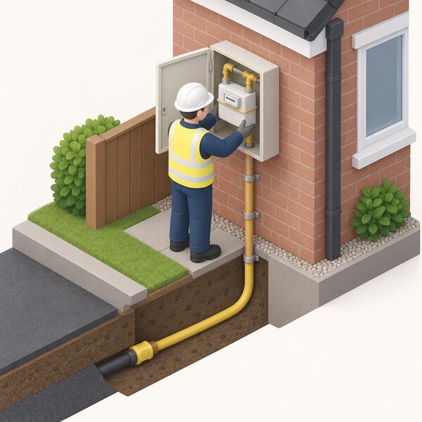 A small isometric figure of a meter installer fitting a domestic gas meter on an outside wall of a house, where the network's new service pipe emerges from the ground and rises to the meter, with the meter installation box and pipework complete up to the property boundary.