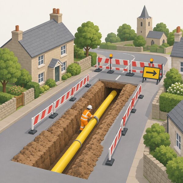 An open trench along a village road with a gas main being laid inside it, the road closed off behind barriers and diversions signs, with a worker in high-visibility clothing guiding the yellow pipe into place.