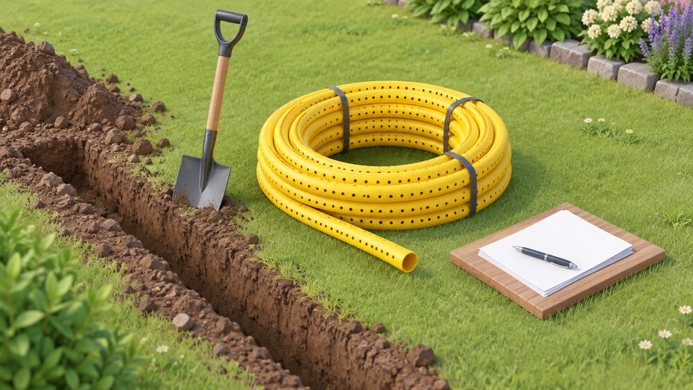 A coil of yellow perforated gas ducting lies on the ground beside a spade and a shallow dug trench on a village lawn, with blank paperwork and a pen resting on a wooden board nearby, suggesting a householder preparing a gas connection trench.