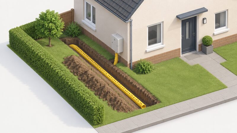 An open trench on a customer's own land beside a house, with a length of yellow perforated gas ducting laid along its base, ready for the network to lay the service pipe.