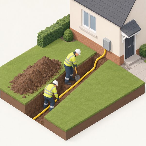 A two-person team in high-visibility clothing digging a narrow trench in the ground outside a house, laying a new yellow gas service pipe that runs from the trench toward the property wall, with a small excavated soil heap beside the open trench.