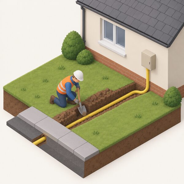 A small isometric cutaway scene beside a house showing a worker kneeling in a shallow hand-dug trench, carefully exposing a buried yellow gas pipe with a shovel, the pipe running from the main towards the property's meter box on the wall.