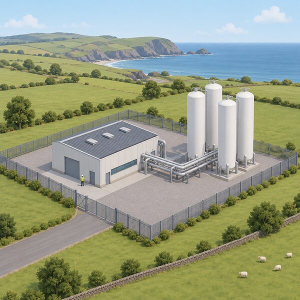 A small isometric view of a hydrogen production facility in a rural setting, showing an electrolyser production building connected by pipework to a cluster of tall cylindrical storage tanks, with a fenced compound and a simplified landscape around it.