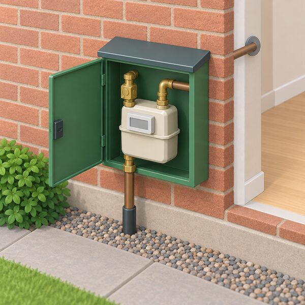 A domestic gas meter in its meter box on the outside wall of a house, with the inlet pipe entering from the ground and the outlet pipe running into the property, shown as an ordinary installed fixture rather than being fitted by anyone.