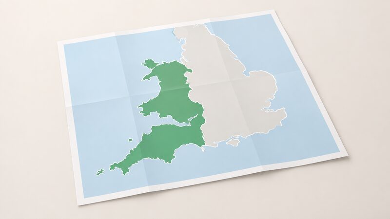 A simplified map drawn as a printed sheet showing the land shapes of Wales and the South West of England with the gas distribution network area shaded as one plain colour region covering both, with no names or figures.