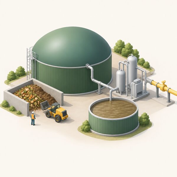A large sealed cylindrical anaerobic digestion tank at a rural biomethane plant, with a pipe from the tank leading to gas cleaning and upgrading equipment and onward to a pipeline connection, beside a heap of organic material and a tank holding spent digestate.