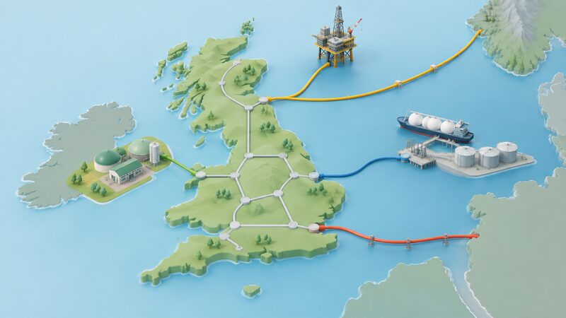 A simplified map of Britain and nearby coasts showing four gas supply routes converging on the national system: an offshore platform in the North Sea, a long subsea pipeline from Norway, an LNG ship docking at a coastal terminal, and a subsea interconnector to the continent, with a small biomethane plant injecting into a local distribution network.