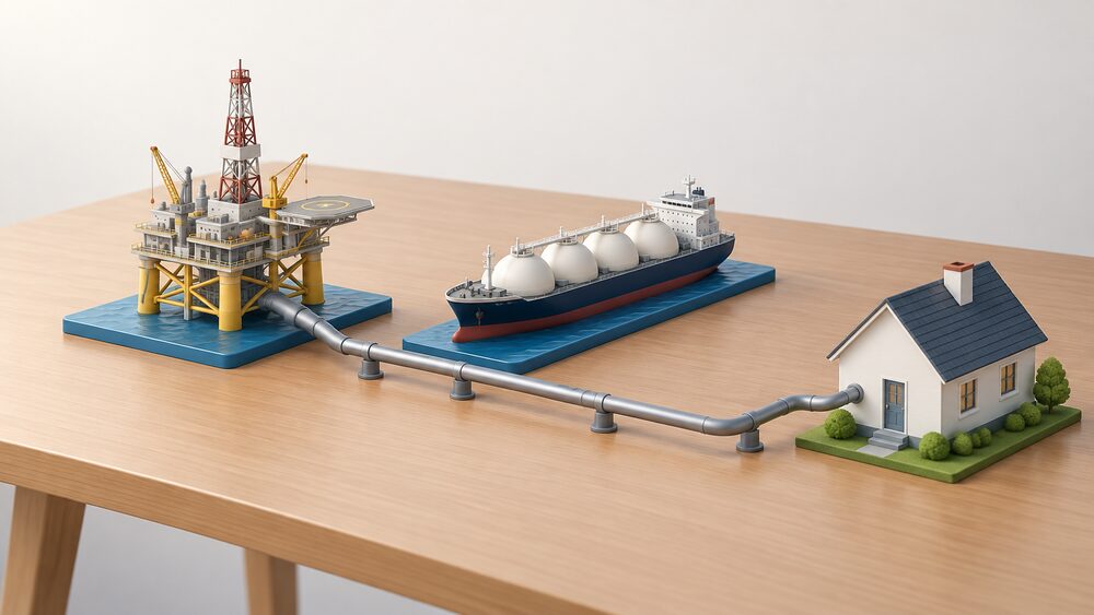 A small model of an offshore gas platform, a model LNG tanker and a length of pipe arranged on a table, all converging toward a small model house at the edge, showing gas arriving at a home from sea-based sources.
