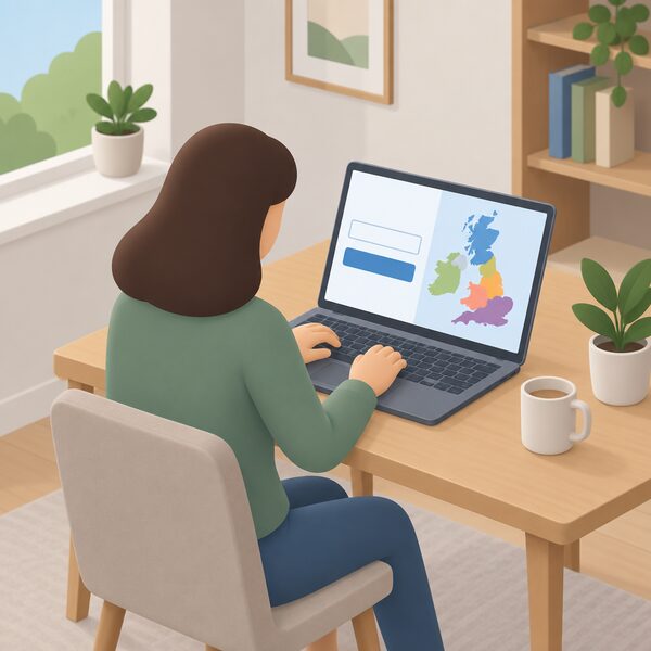 A householder at home typing their postcode into a lookup page on a laptop or phone, with a simplified map of Britain beside them showing plain colour regions, to find their electricity distribution network operator.