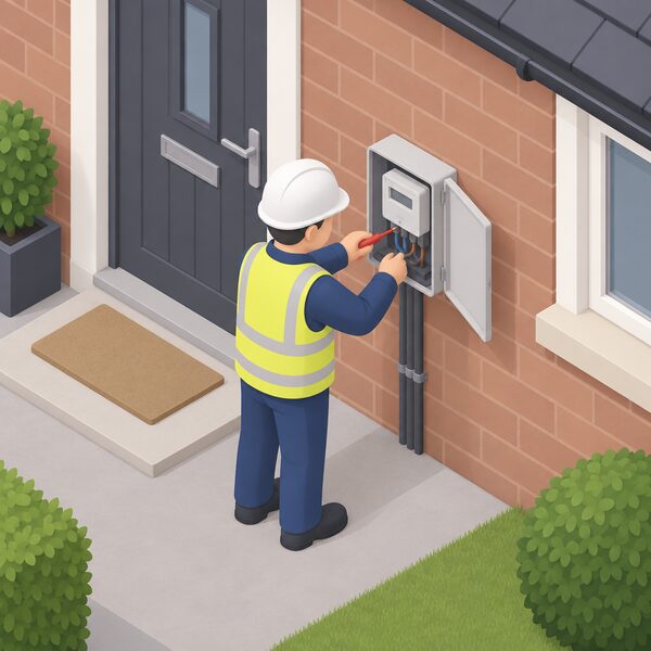 A simplified isometric engineer in plain clothing working at a household electricity meter mounted on an outside wall of a Northern Ireland home, tools in hand with the meter cover open for maintenance.