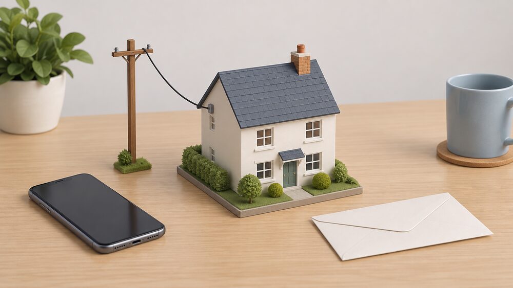 A small model house sits on a table beside a miniature wooden electricity pole with a cable leading to it, a mobile phone lying face up, and a blank envelope, suggesting the moment a householder works out who owns the wires to their home.