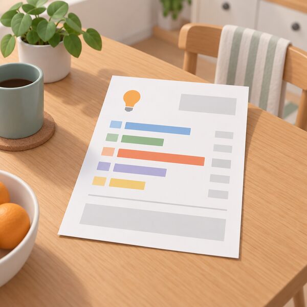 A paper energy bill lying on a household table, drawn as a physical document with several stacked cost lines shown as plain colour bands of differing lengths, one band representing the wholesale cost among the others, with no readable words or numbers.