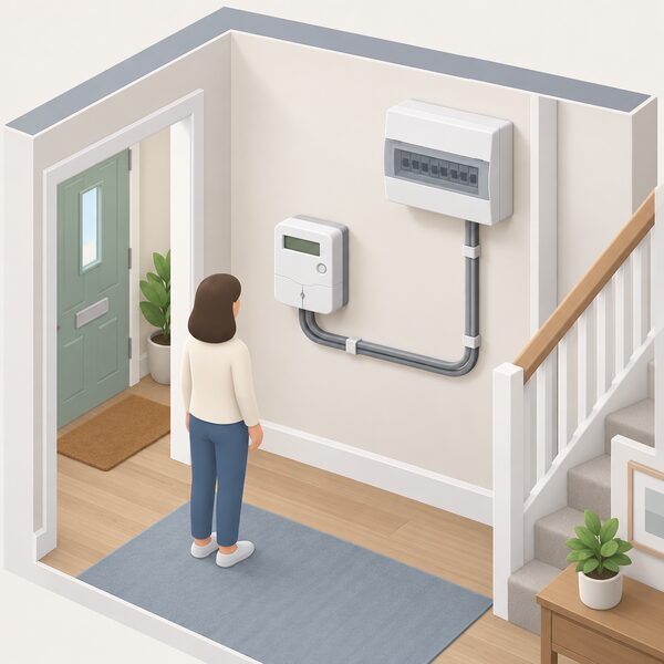 A domestic electricity meter mounted on an interior wall of a home, shown in a simple cutaway view with its supply cable running to the consumer unit, representing the metering costs covered within operating costs in the cap.