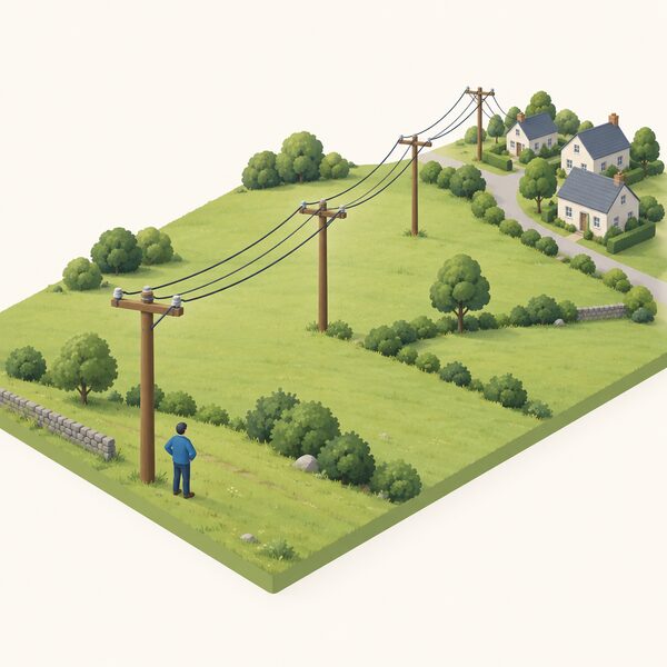 Overhead wooden-pole electricity distribution lines running across countryside toward a small cluster of houses, with a simplified isometric figure standing beside a pole looking along the line, showing local network infrastructure whose regional costs drive the different price caps.