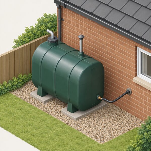 An isometric view of a domestic heating oil tank standing outside the back of a brick house, with its fill pipe and vent pipe on the tank and an oil supply line running from the tank into the house wall, no people present.