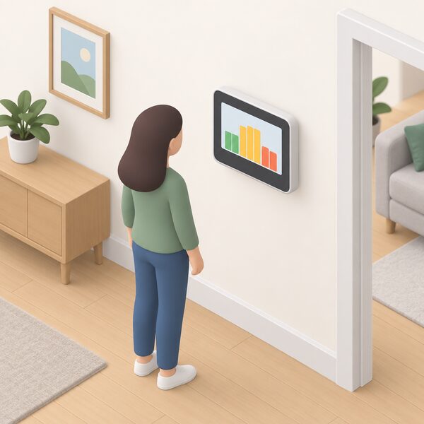 A wall-mounted smart meter display in a home interior showing a simple screen with plain colour bands indicating different half-hourly periods of electricity use, with a simplified isometric figure standing nearby looking at it.